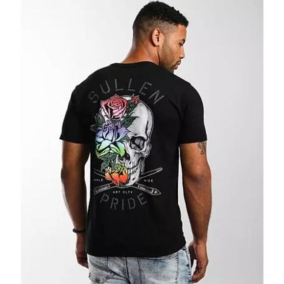 Sullen Black Crew Neck Rainbow Floral Skull Graphic Pride T-Shirt Size Medium - Picture 2 of 5